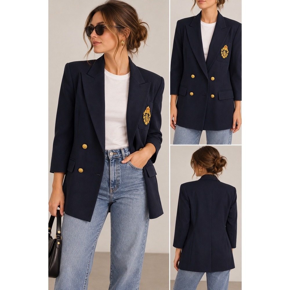 Lauren Ralph Lauren Vintage Navy Wool Crest Blazer Double Breasted Blue 14